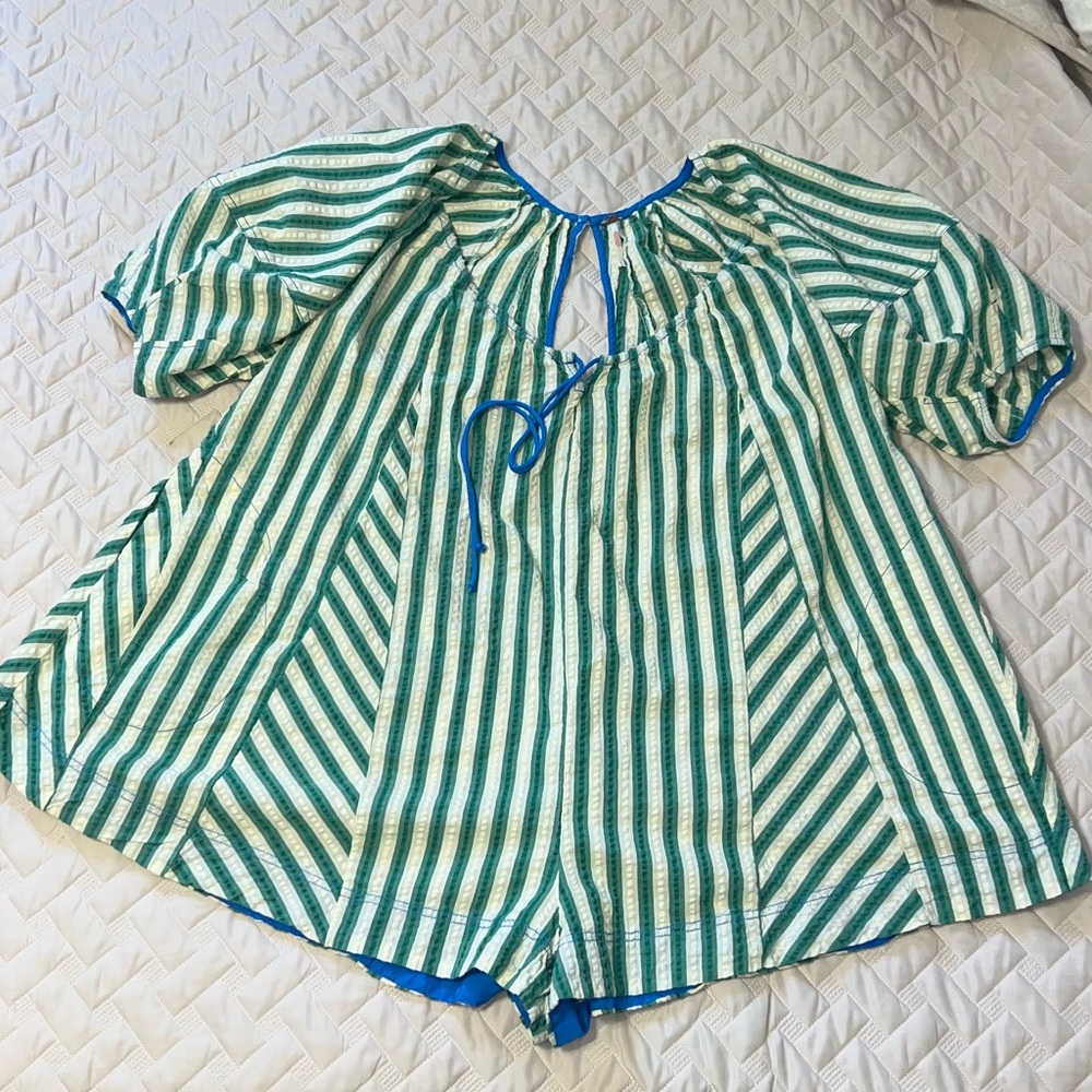 Free People Bop Around Oversized Romper - Green Striped Combo. Medium